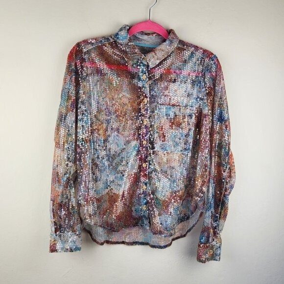 NWOT Anthropologie Pilcro Multicolored Floral Sequin Button Up Shirt Top sz S - Picture 1 of 12